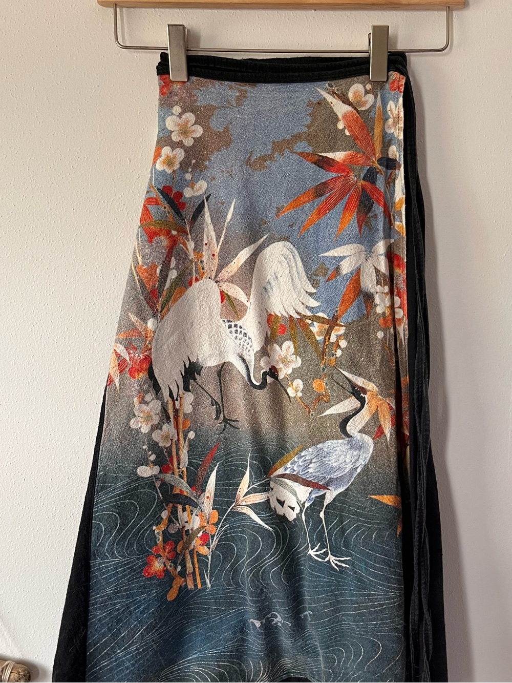 Vintage Kathmandu Crane & Floral Midi Skirt - Blue, Orange, White, Black